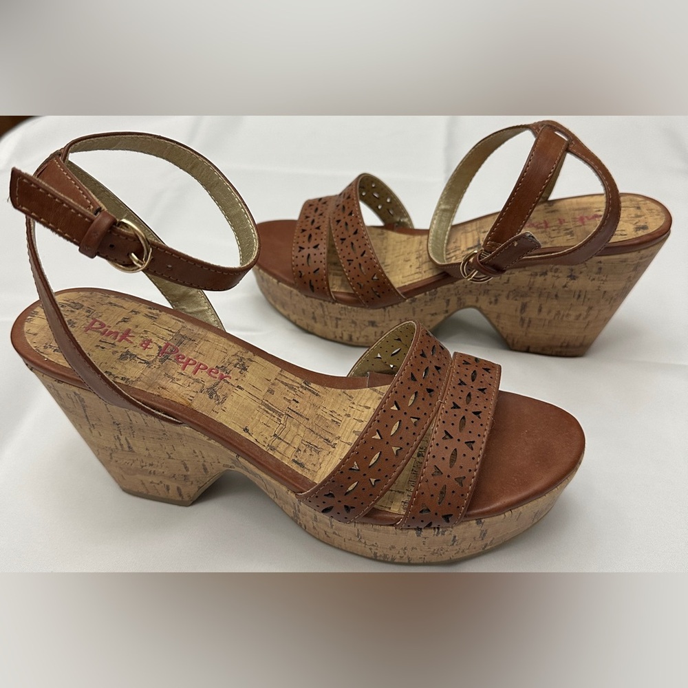 Pink & Pepper Tan Wedges with Cork Heel